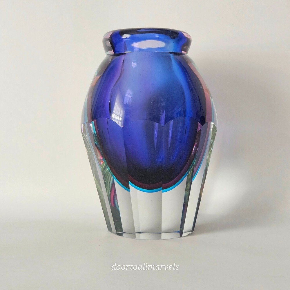 Faceted Murano Sommerso Style Vase HEAVY CRYSTAL Luxurious Nautical 6.75"H